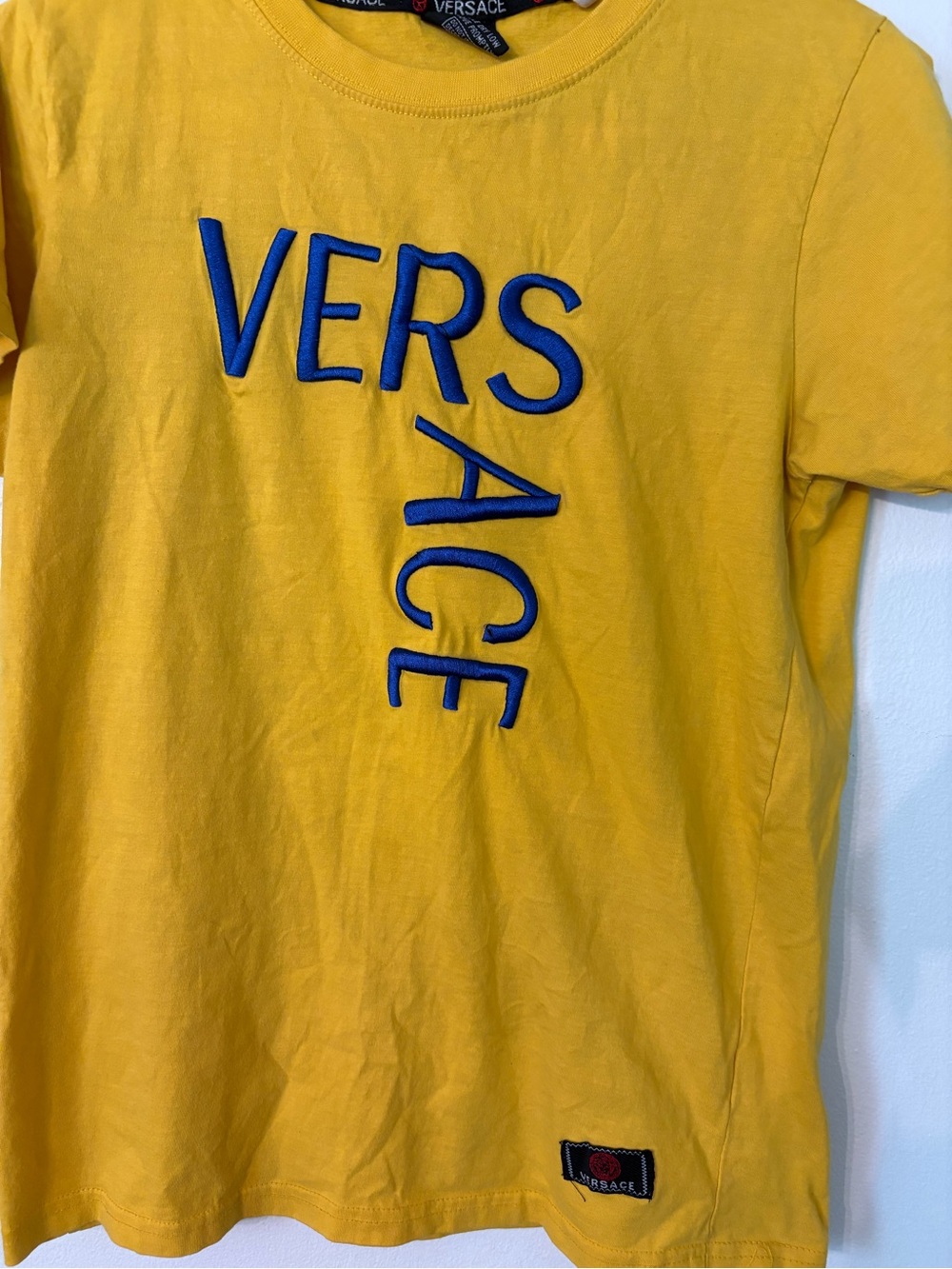 Versace Yellow Short Sleeve Logo Tee with Blue Embroidery - Picture 2 of 9